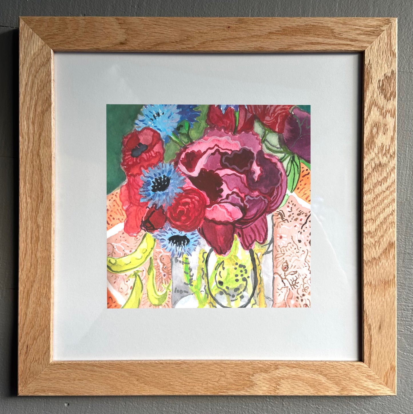 'Dahlias in a Jar with Peas' Framed Original Painting