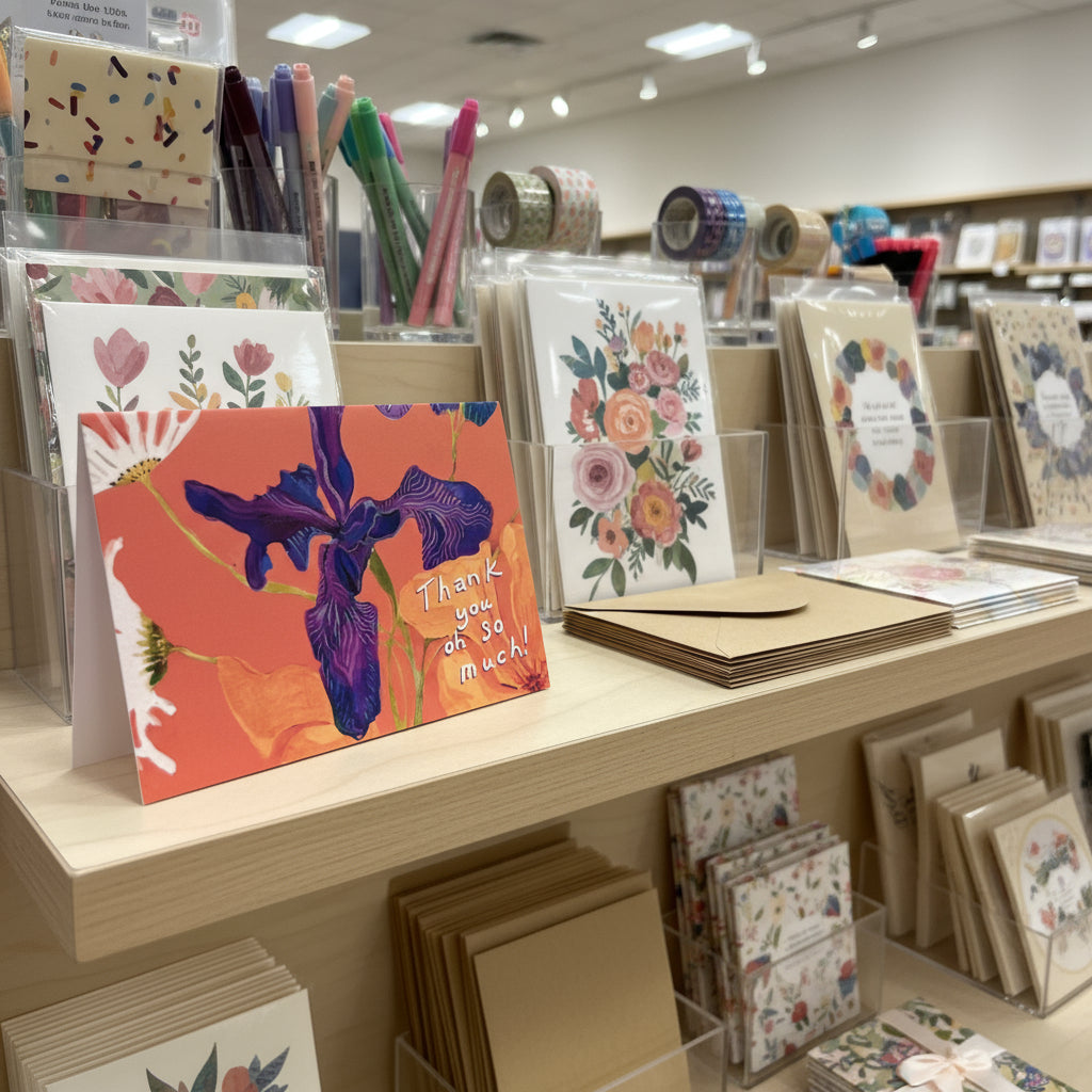 Floral card with purple flowers and 'Thank you oh so much!' text, accompanied by a brown envelope on a white background.