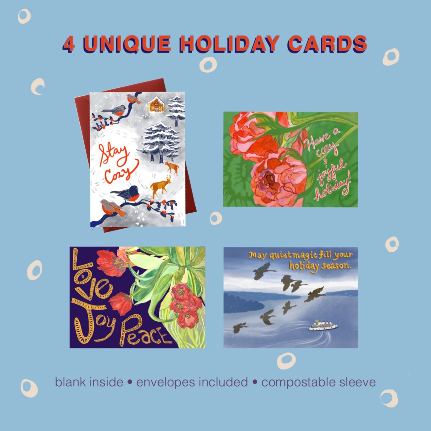 Winter Holiday Art Card Set — 4 Hand-Painted Watercolor Cards | Pacific Northwest Nature Cards | Seasonal Greeting Card Pack