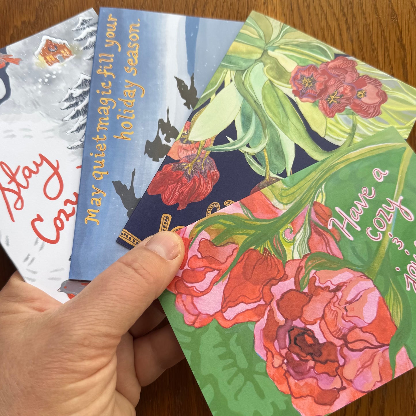 Winter Holiday Art Card Set — 4 Hand-Painted Watercolor Cards | Pacific Northwest Nature Cards | Seasonal Greeting Card Pack