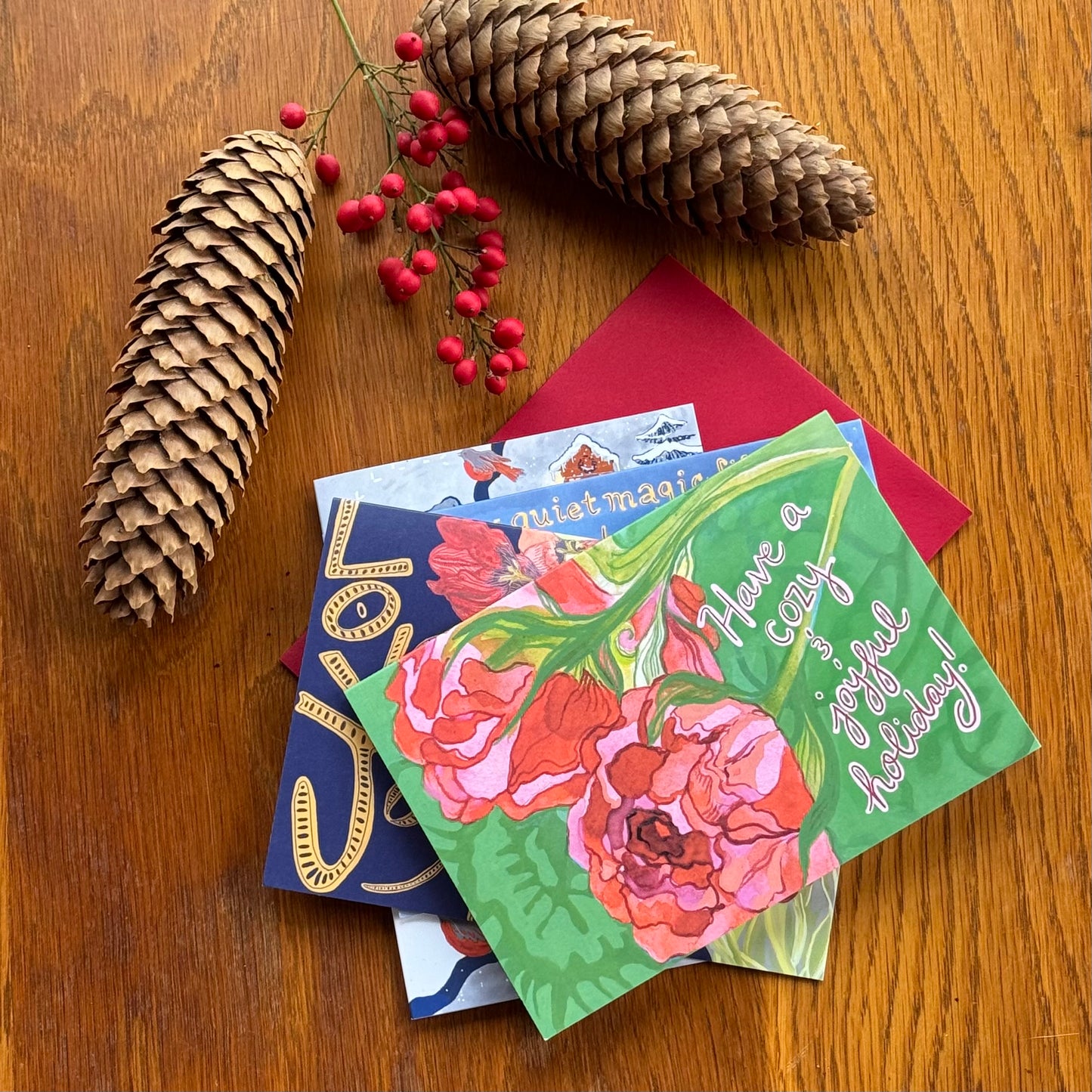 Winter Holiday Art Card Set — 4 Hand-Painted Watercolor Cards | Pacific Northwest Nature Cards | Seasonal Greeting Card Pack