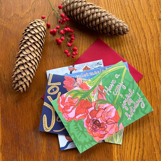 Winter Holiday Art Card Set — 4 Hand-Painted Watercolor Cards | Pacific Northwest Nature Cards | Seasonal Greeting Card Pack