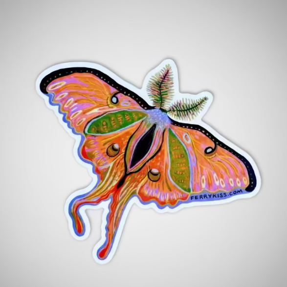 Colorful butterfly sticker with 'Ferrykiss' branding on a light blue background