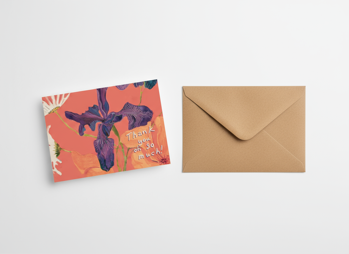 Floral card with a purple flower and text on a pink background