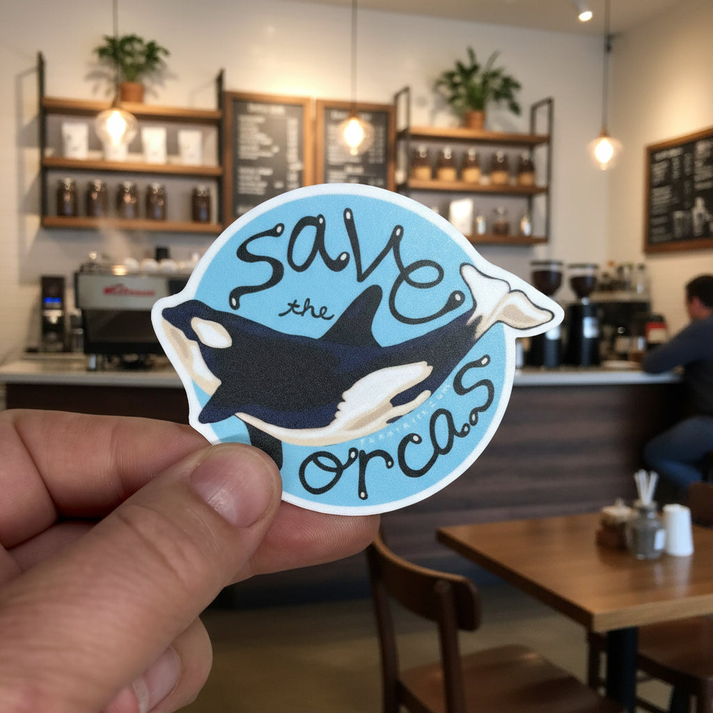 Sticker with an orca whale and 'Save the Orcas' text held by a hand on a light gray background
